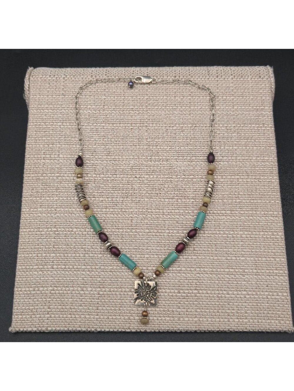 19 Inch Sterling Silver Southwest Turquoise Jasper Pearl Pendant Necklace B1583